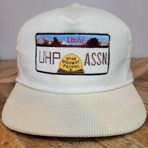 Vintage Utah Highway Patrol Cream White Corduroy Hat Strap Back UHP ASSN. Cable